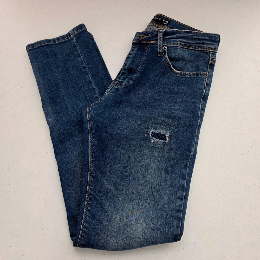 Koton Brad Slim Fit Jeans Mens 29x30 Blue Excellent Distressed Patched Denim